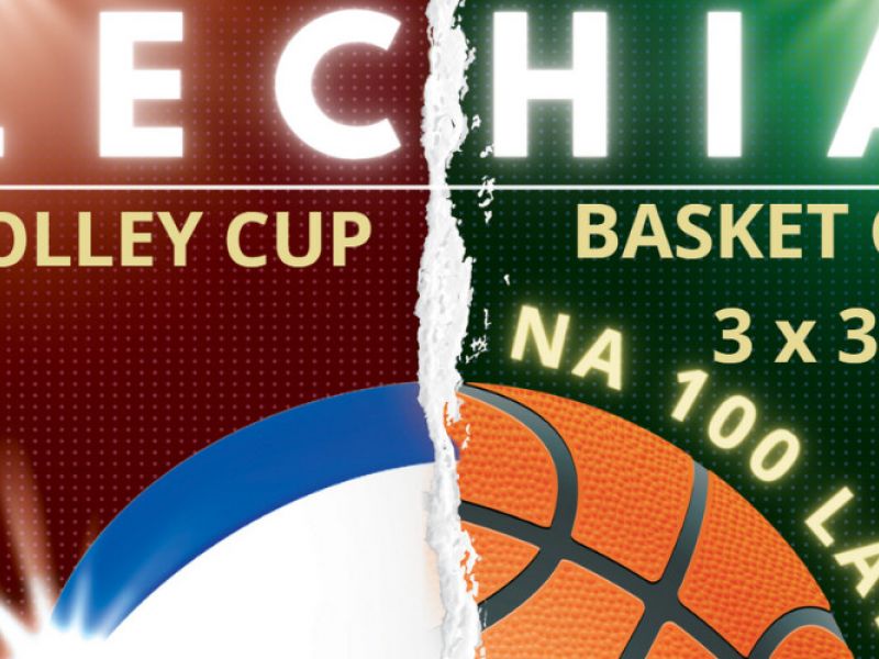 Na zdjęciu baner dwóch turniejów zorganizowanych na 100-lecie KS Lechia. Na banerze sklejone ze sobą piłki do siatkówki i koszykówki