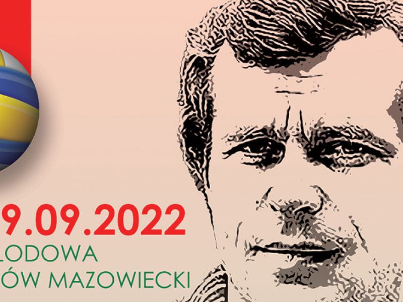 Na fotografii baner Memoriału im. W. Gawłowskiego. Na banerze graficznie zmodyfikowana twarz siatkarza