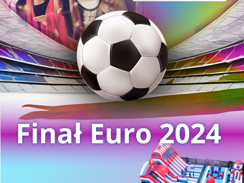 Na zdjęciu plakat Strefy Kibica na finał Euro 2024. Na plakacie kibice, trybuny stadionowe i piłka