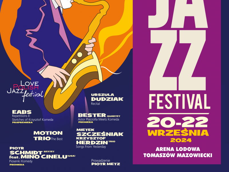 Na zdjęciu plakat 8. edycji Love Polish Jazz Festival. Na plakacie program festiwalu i grafika jazzowego saksofonisty