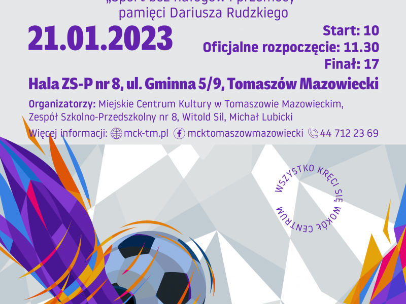 Na zdjęciu plakat halowego turnieju piłki noznej Fuksal Białobrzegi 2023. Na plakacie grafika nogi piłkarza kopiącego piłkę