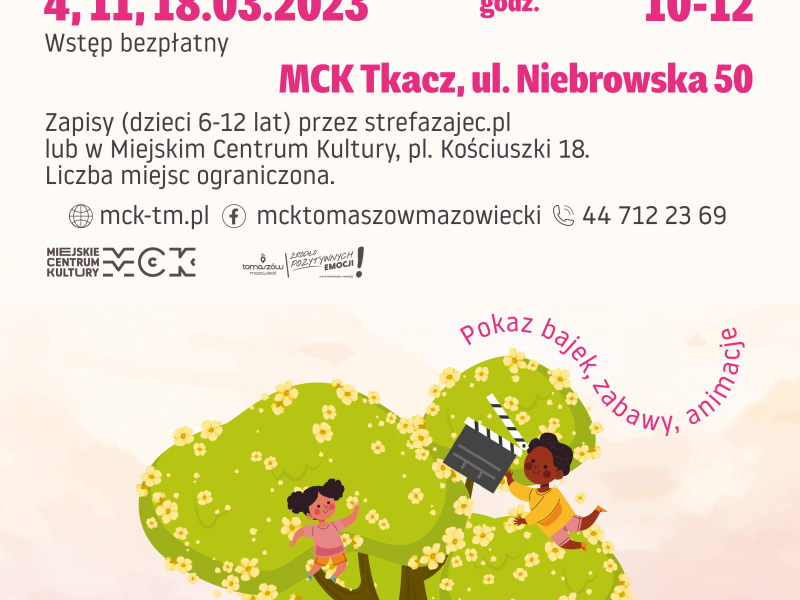 Na zdjęciu plakat Bajkowych Poranków w MCK. Na plakacie bajkowe drzewo, bajkowy lis, lew, zajączek, chłopczyk i dziewczynka