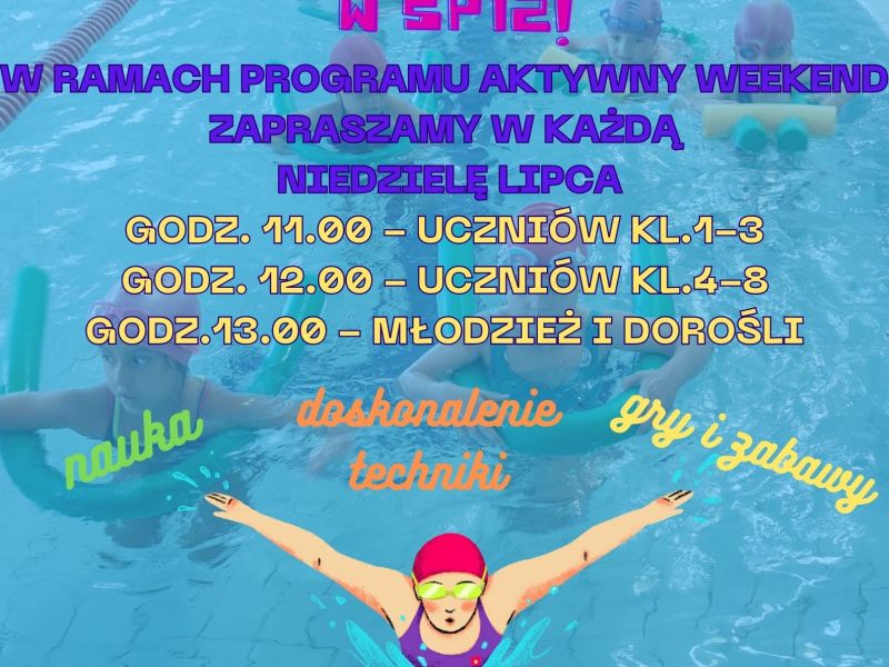 Na zdjęciu plakat bezpłatnych zajęć pływania w SP nr 12. Na zdjęciu grafika osób pływających, na głowach czepki