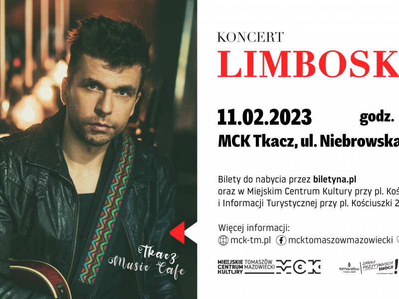 Na zdjęciu baner zapowiadający koncert Limboskiego w MCK Tkacz. Na banerze zdjęcie artysty ubranego w czarną skórę z przewieszoną przez ramię gitara akustyczną