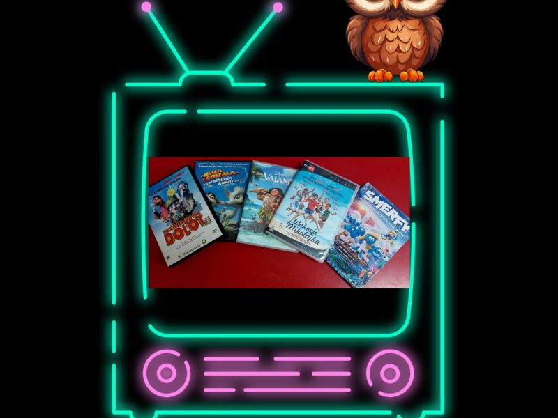 Na zdjęciu plakat Bajania na szklanym ekranie w MBP. Na plakacie grafika neonowego telewizora, na którym siedzi sowa