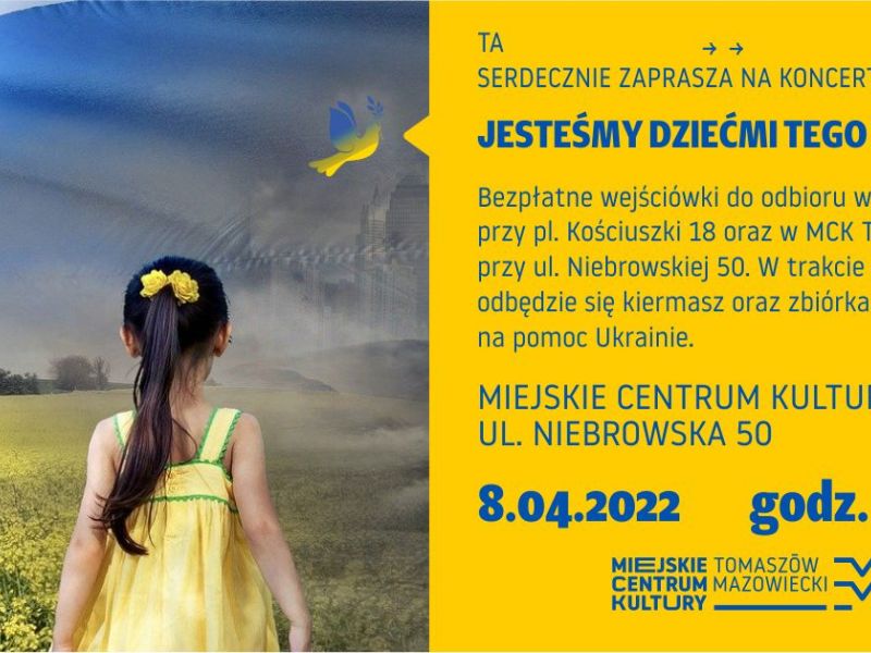 Na zdjęciu baner koncertu dla Ukrainy. Na banerze dziewczynka tyłem w żołtej sukience, w tle łąka w niebiesko-żółtej poświacie
