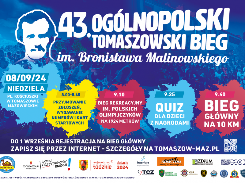 Na zdjęciu baner 43. Ogólnopolskiego Tomaszowskiego Biegu im. Bronisława Malinowskiego. na plakacie grafika z biegaczami